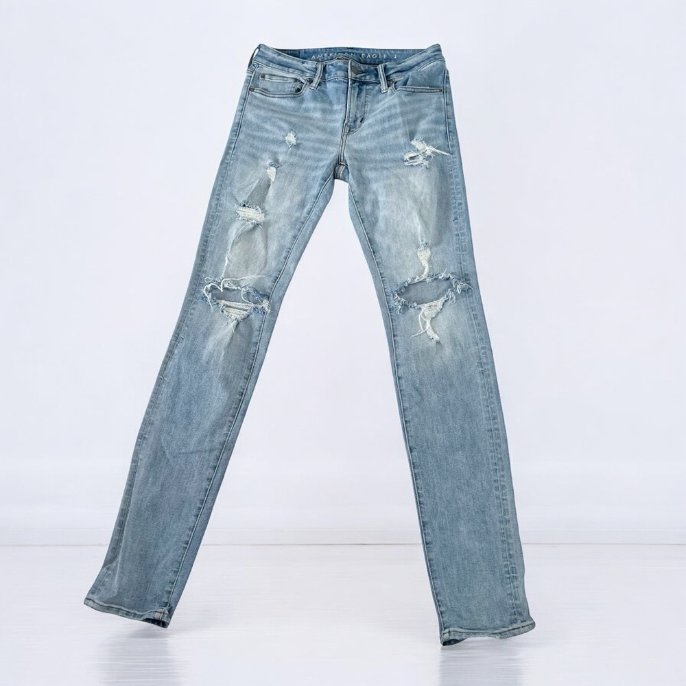 American Eagle Outfitters Men's Stacked Skinny Distressed Blue Jeans 30 X 32